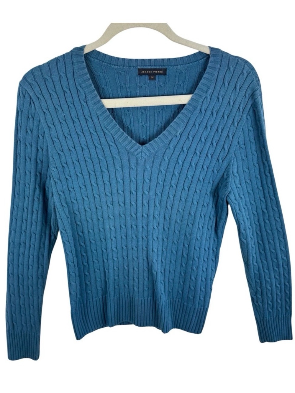 Jeanne Pierre Womens Blue Cable Knit V-Neck Sweater Long Sleeve Size Medium